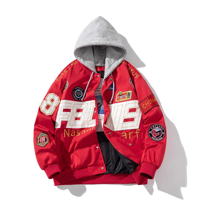 Black American Motorcycle Baseball Uniform jacket with removable hood, shown on a model.