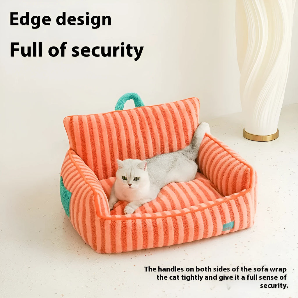 Striped soft velvet pet bed for dogs in orange, purple, or yellow with a removable washable cover.