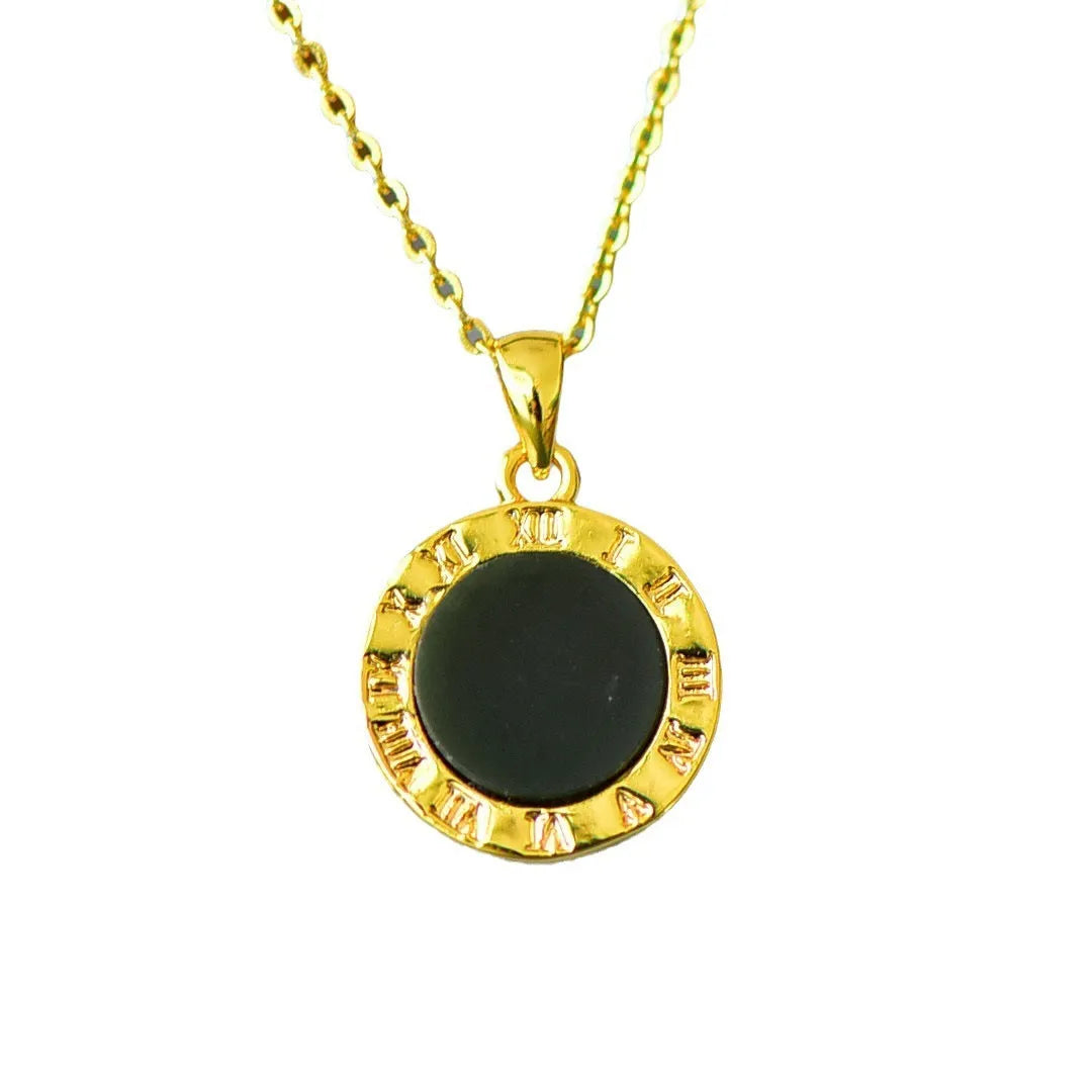 Flat polished Hetian Grey Jade pendant with copper inlay and Ink Blue Jade accents on a necklace.
