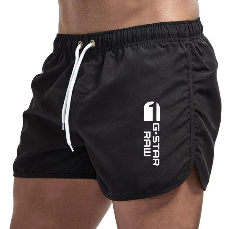 Men's sports beach shorts in 11 colour options including black, navy, and fluorescent green, polyester-hemp blend fabric
