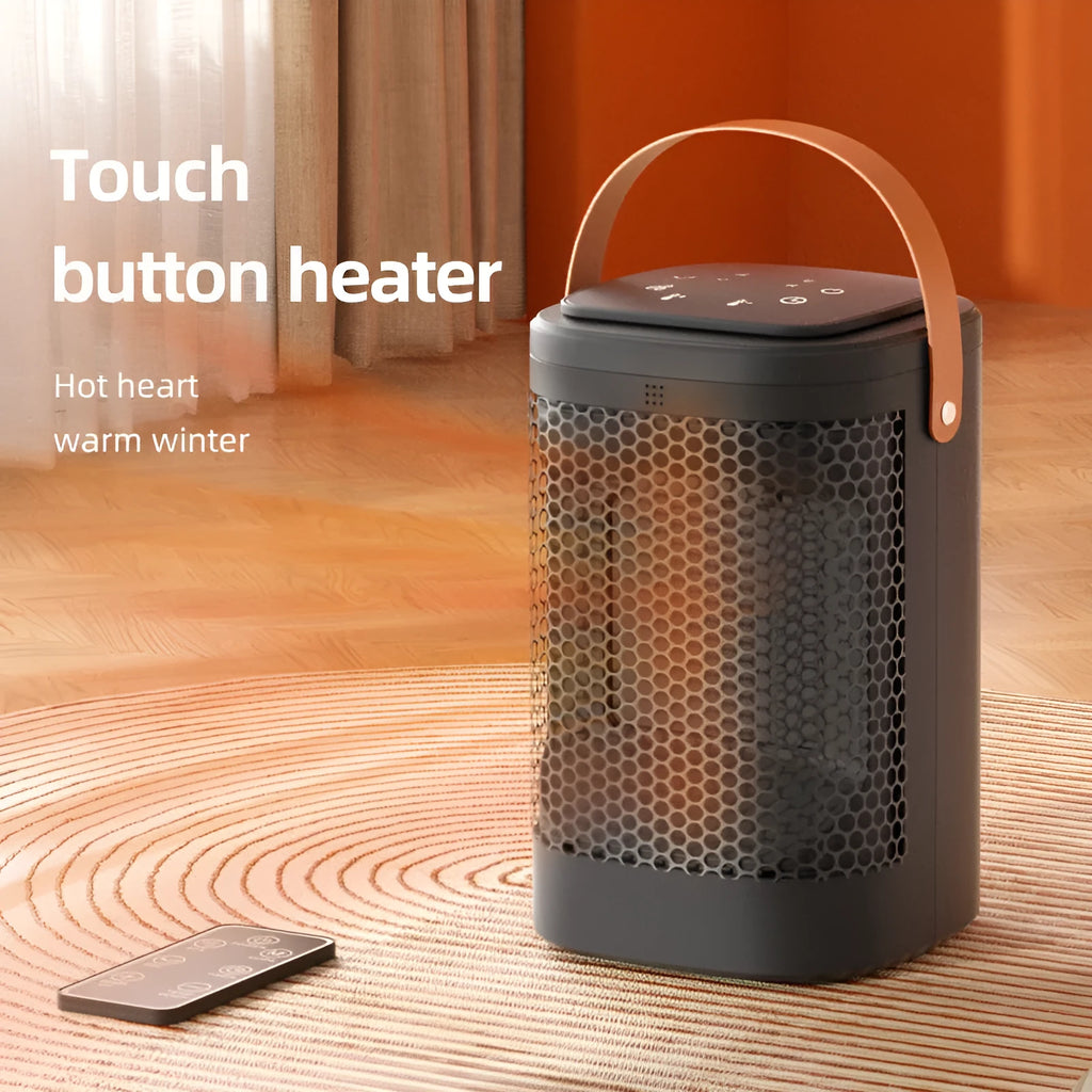 Silver 618 electronic model radiator fan heater with remote control on a wooden floor.