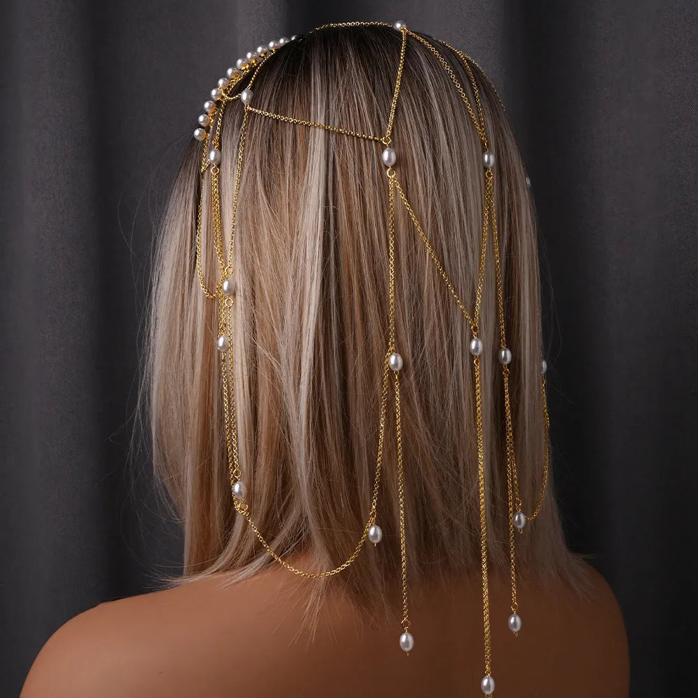 Gold and silver mesh tassel hair chain with pearl details for women