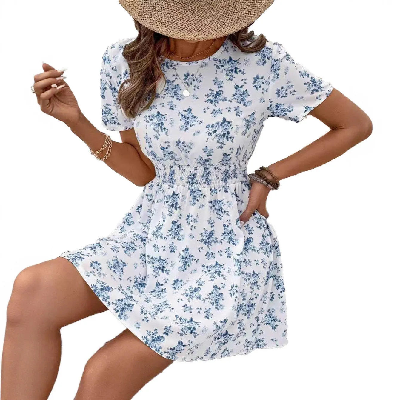 Light blue high waist A-line casual dress with regular sleeves on a model