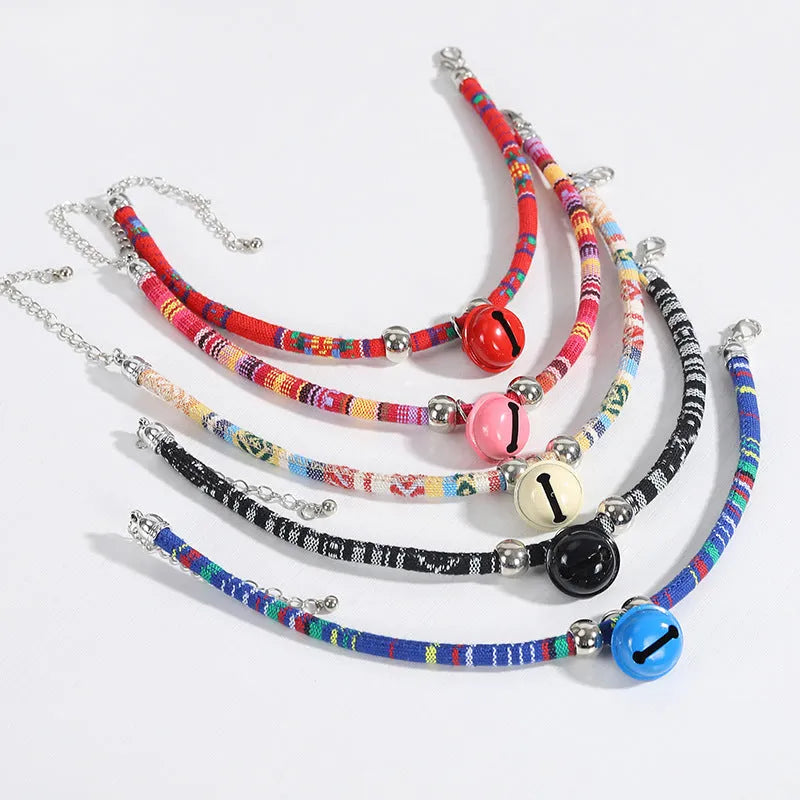 Ethnic pattern adjustable pet collar with bell in multiple colour options for dogs and cats