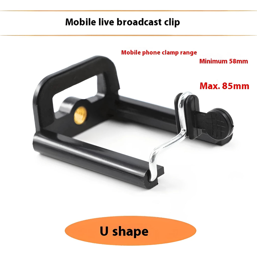 Black U-shaped plastic clip-on mobile phone holder and bracket.