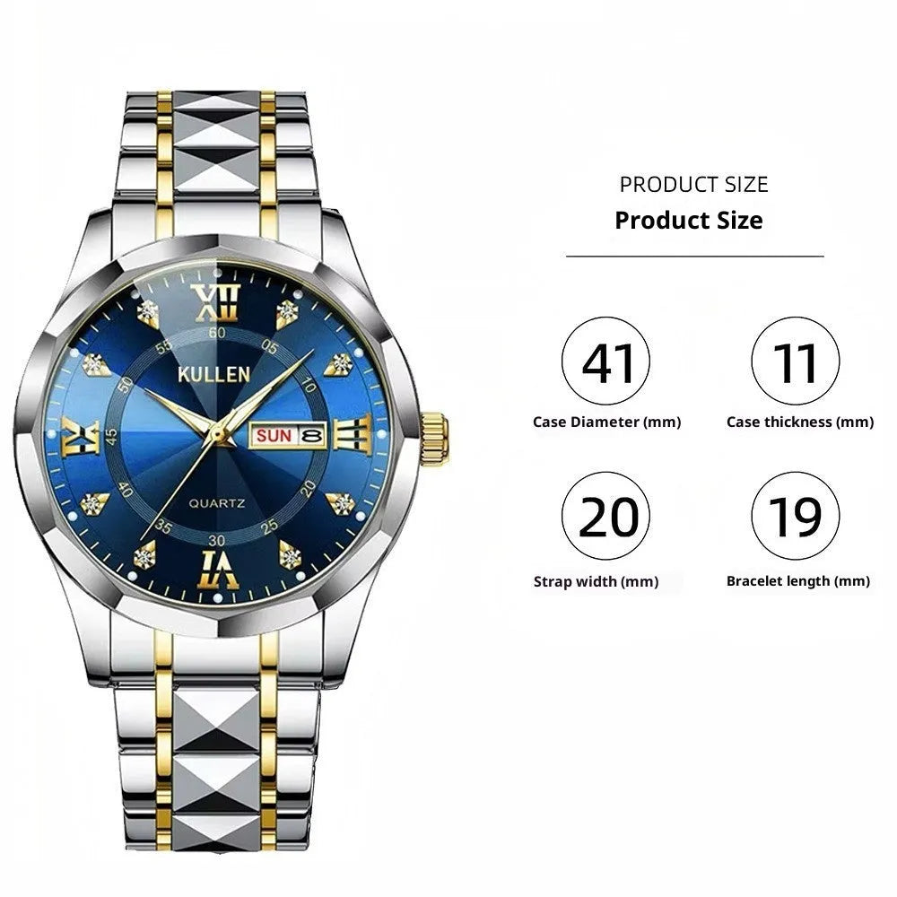 42mm round quartz watch with screw-down crown, luminous function, and single fold alloy clasp in silver and blue face