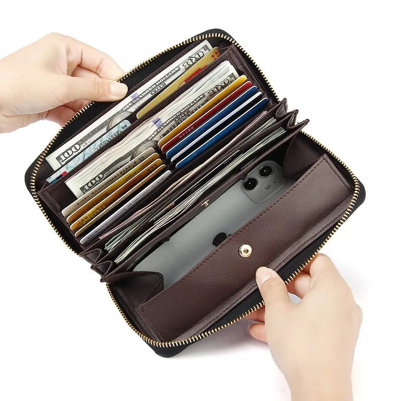 Women's long genuine leather bifold wallet in multiple colours, showing large capacity and card slots.