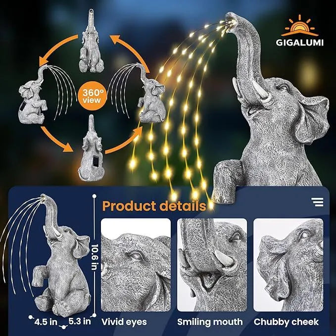 Resin elephant outdoor garden statue with integrated LED light strip.
