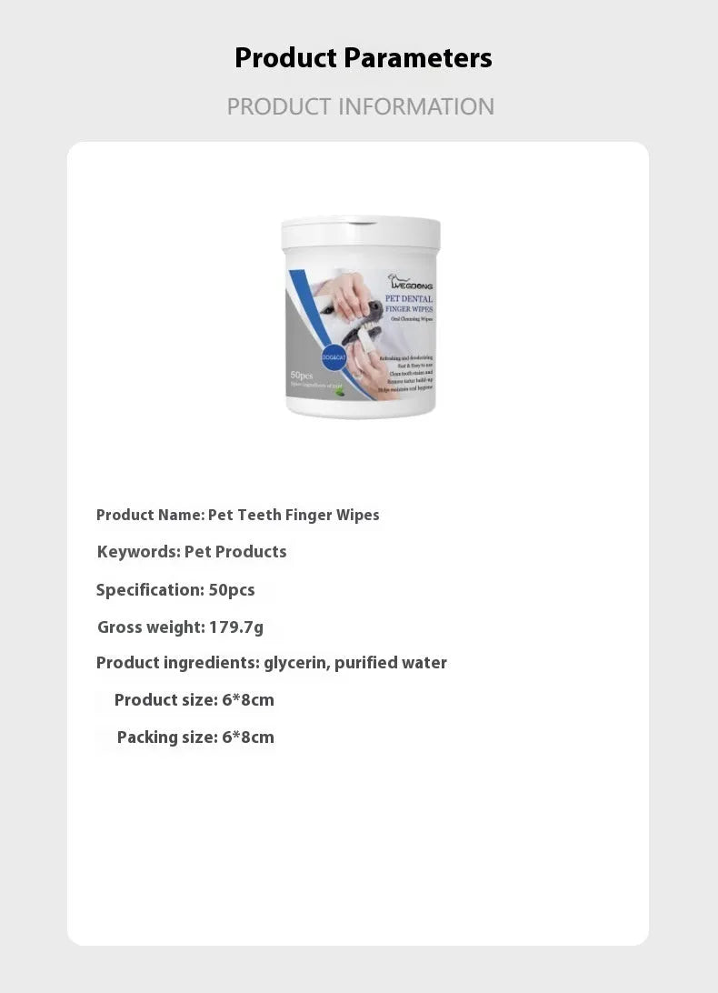 Canister of 50 pet teeth finger stall wipes for dog dental hygiene and oral care