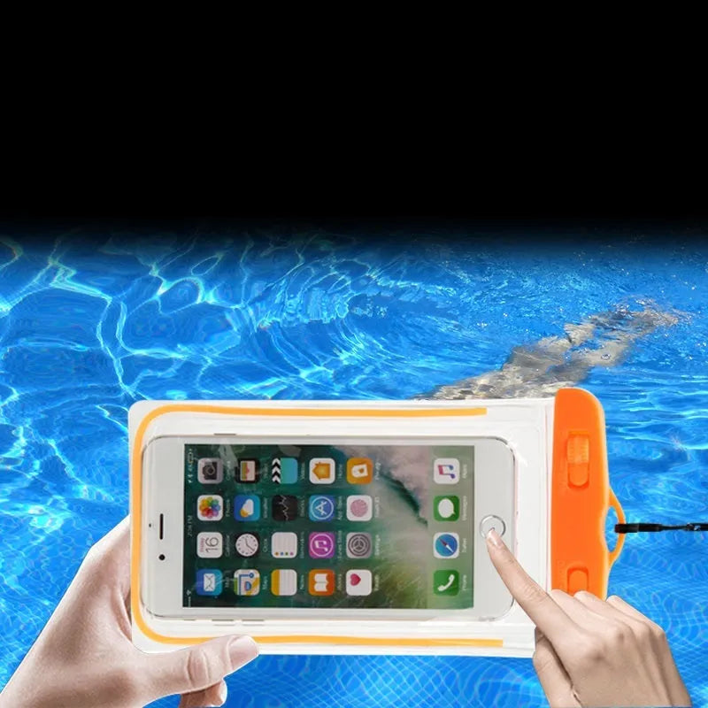 Waterproof universal phone case in multiple colours showing touch screen compatibility for outdoor water sports
