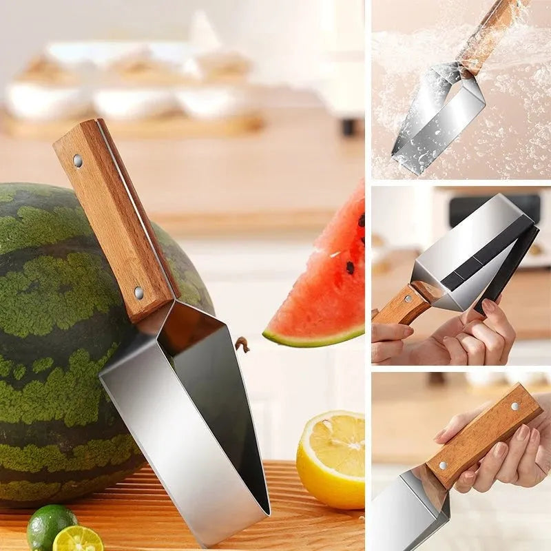 Stainless steel triangle watermelon splitter knife with protective cover.