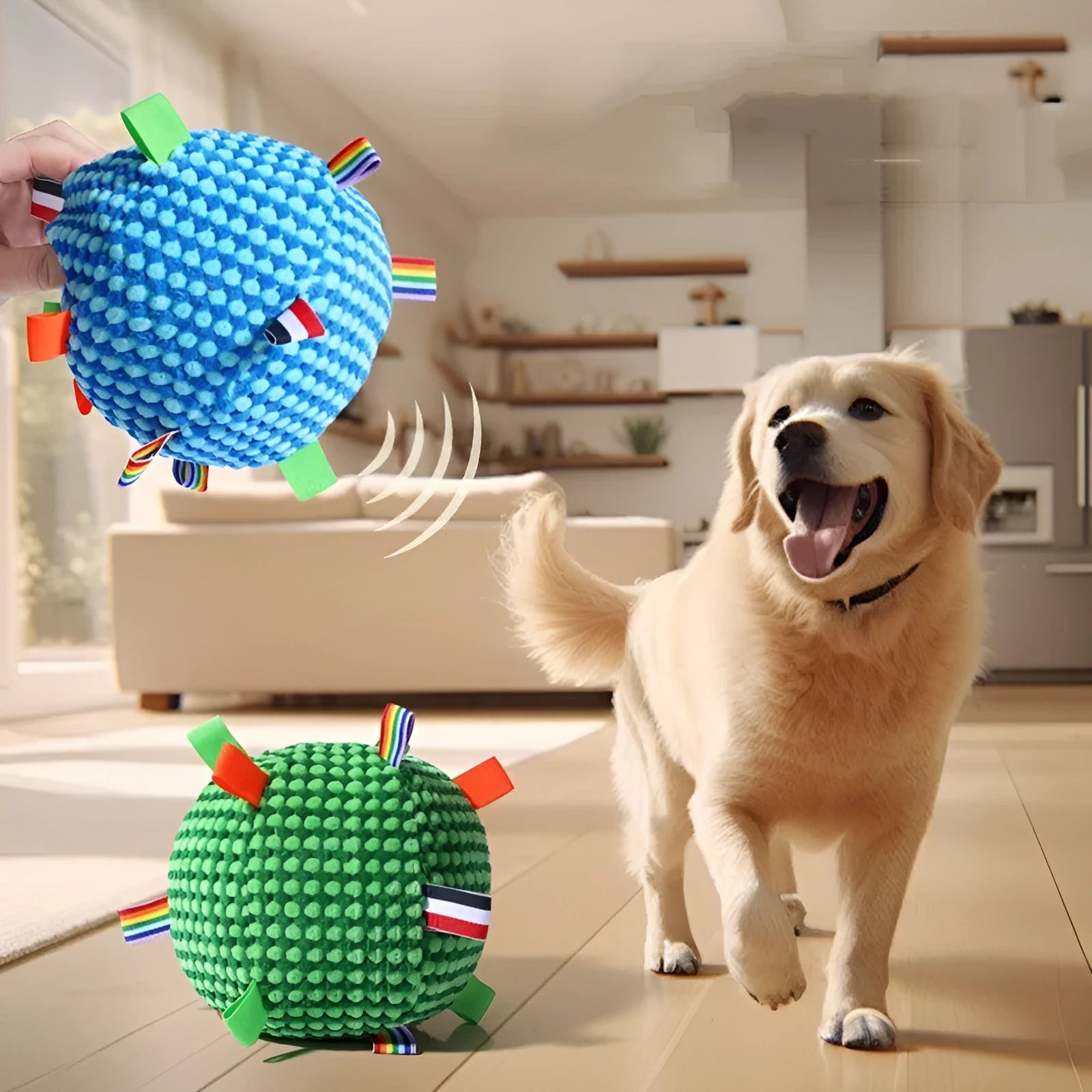 Blue and yellow vocal ball dog toy ring with pineapple texture, 17cm in diameter, on a green grass background.