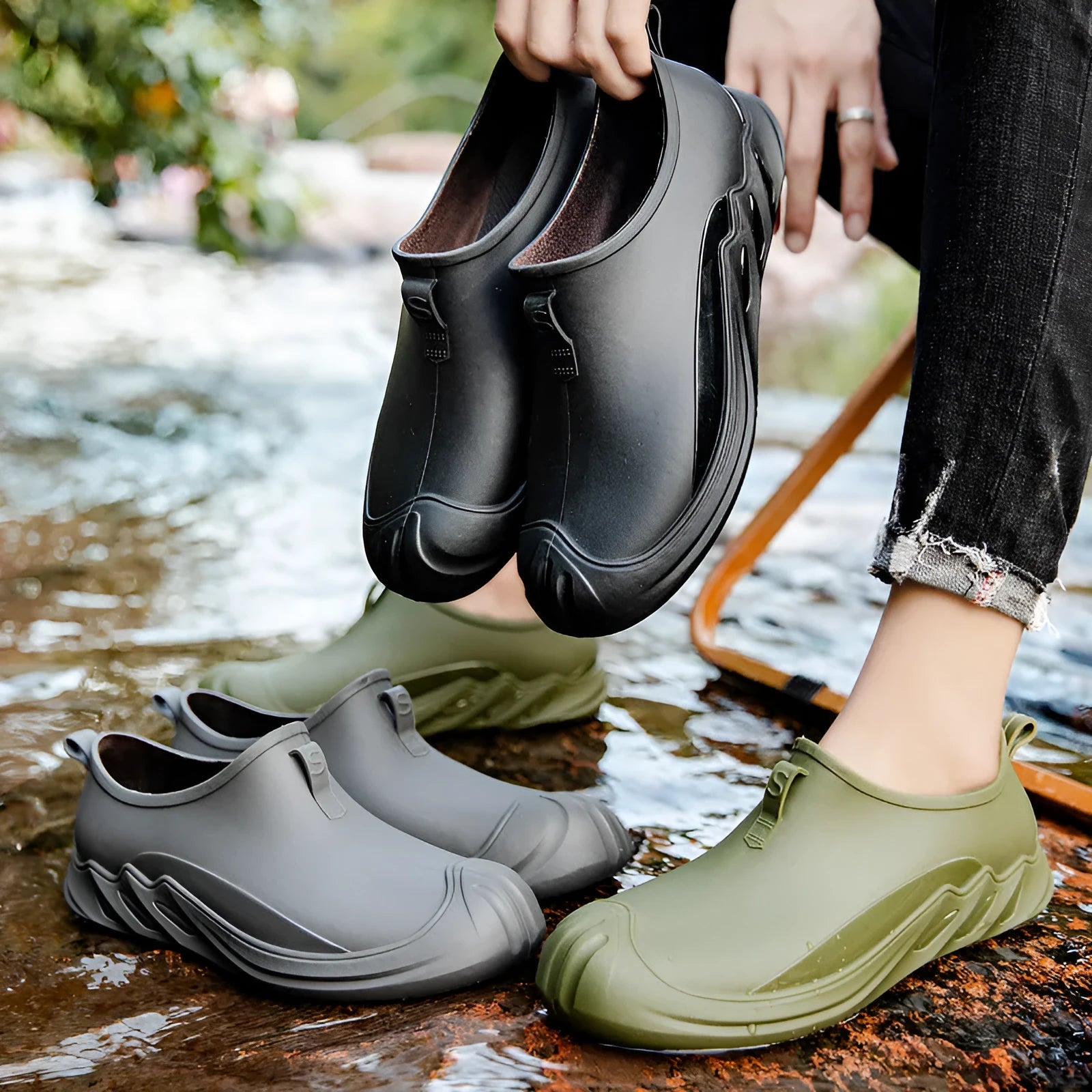Men's short solid colour rain boots in plastic construction available in multiple colours