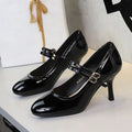 Slender heel round toe shallow double buckle Mary Jane shoes in solid colour with rubber sole
