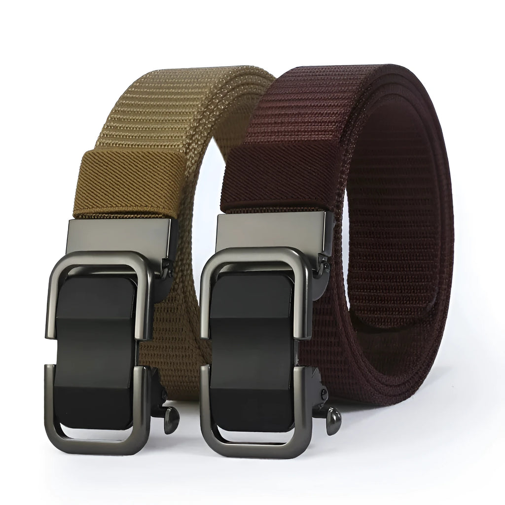 Toothless nylon canvas men's belt with alloy buckle showing adjustment along 120cm length