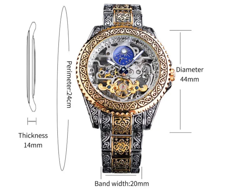 Men's automatic mechanical watch with hollow retro carved dial, moon phase display, stainless steel strap, 44mm gold finish