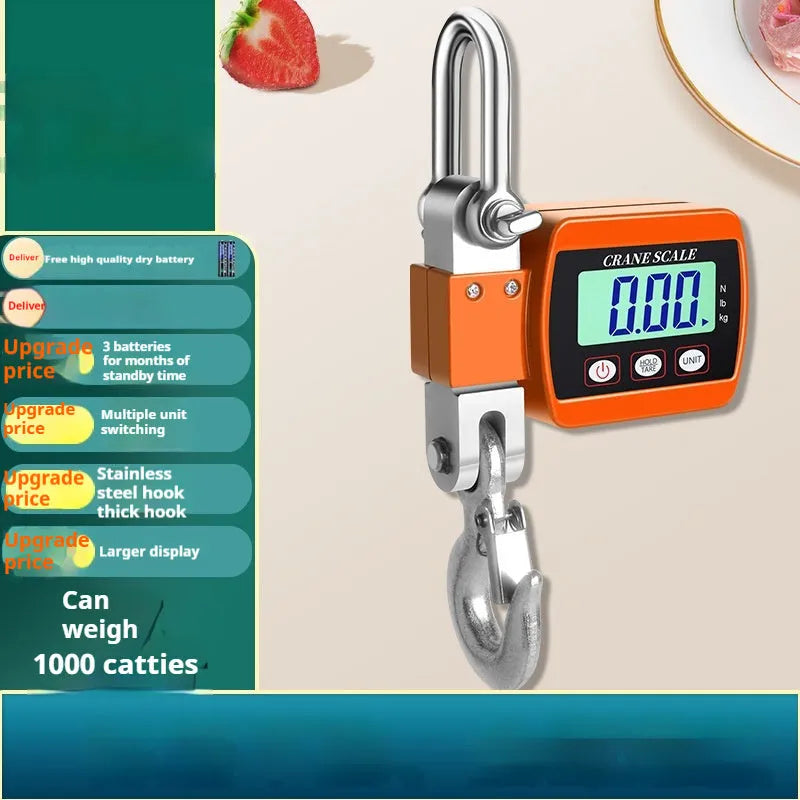 Blue digital hanging hook scale with LCD display showing weight, measuring 22cm long.