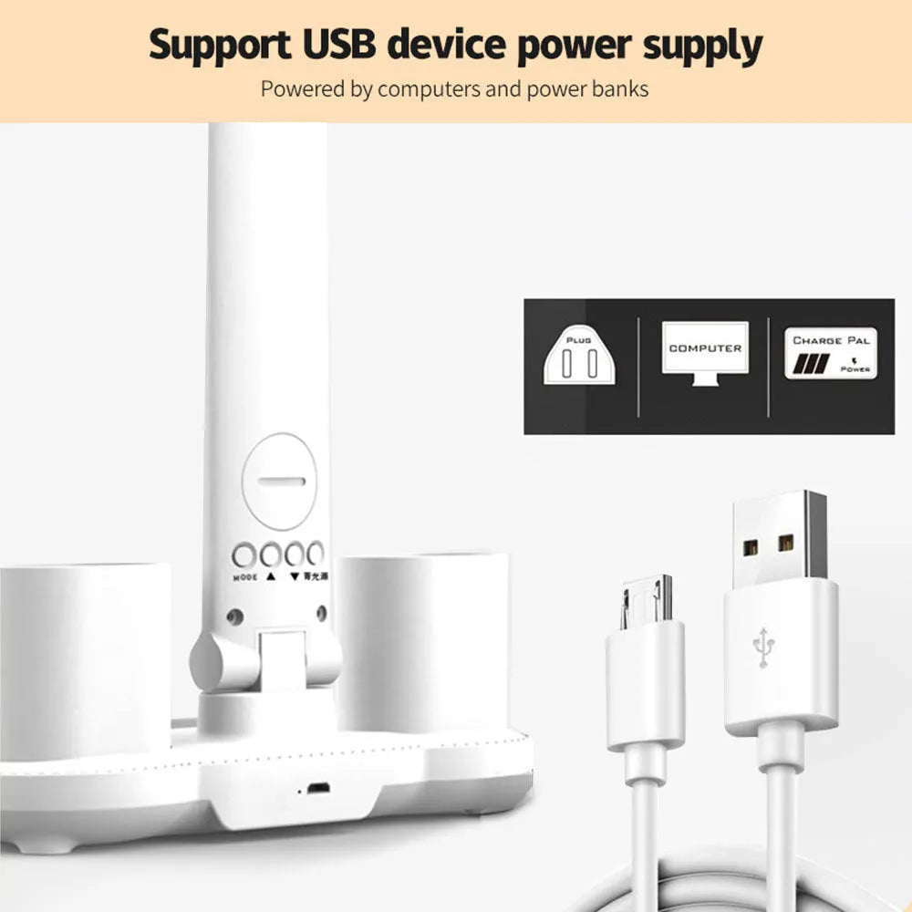 White multifunction LED desk lamp with pen holder, calendar display, and touch controls on a desk