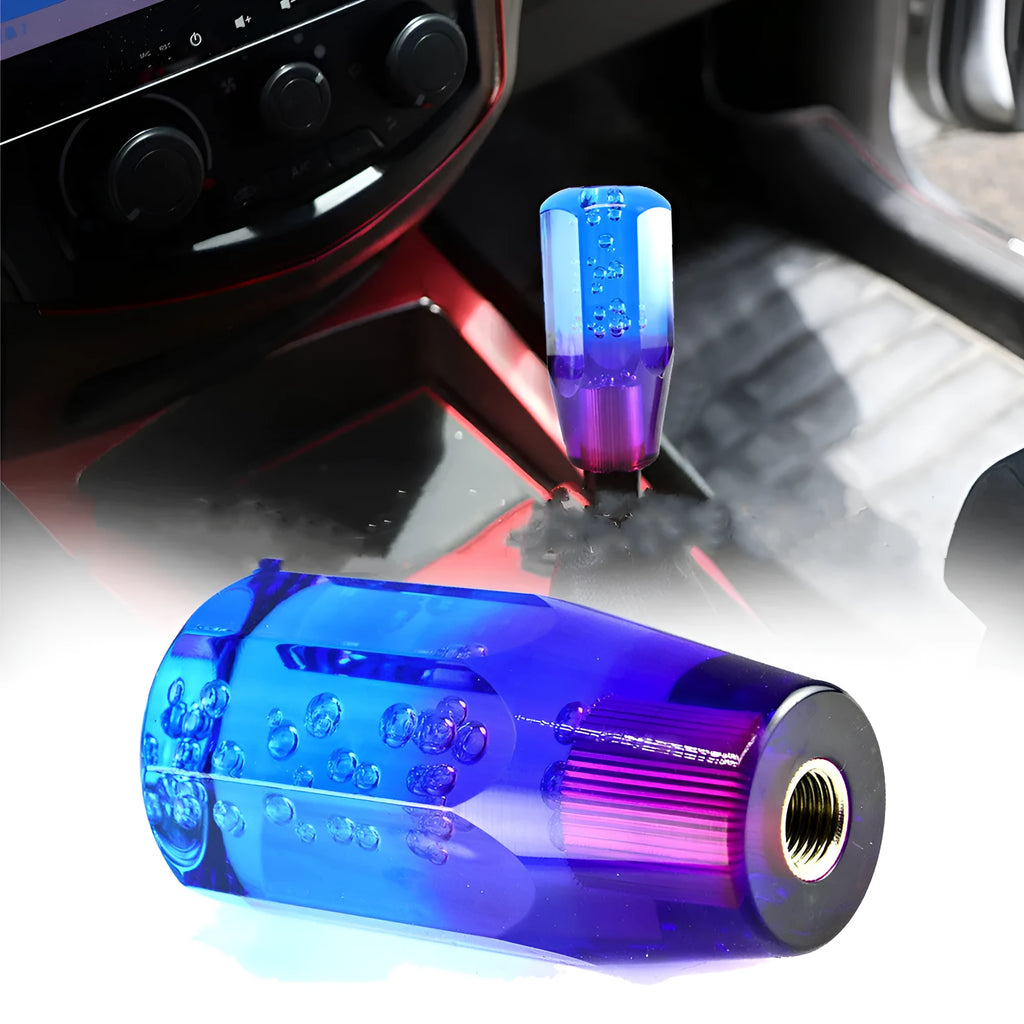 Acrylic crystal gear head shift lever in transparent two-colour design showing gear detail