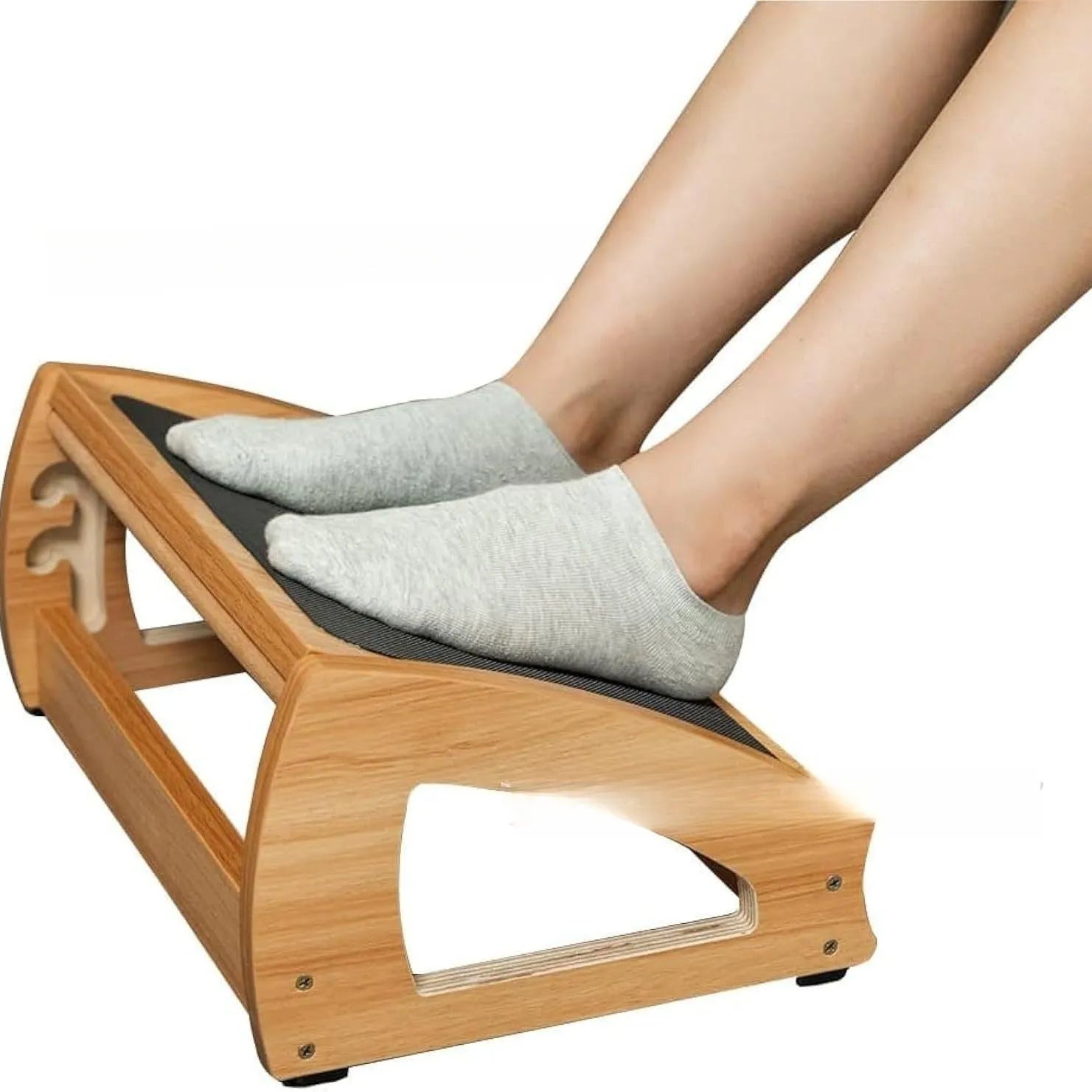 Wooden bamboo adjustable height office desk footstool in natural wood colour