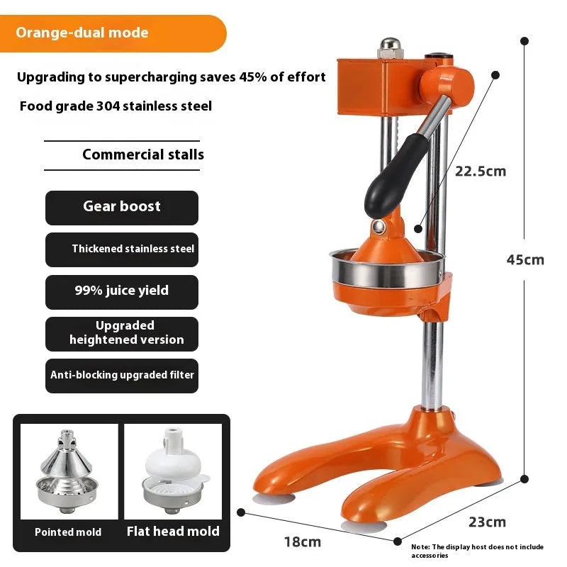 Vertical stainless steel and zinc alloy manual citrus juicer on a kitchen counter.