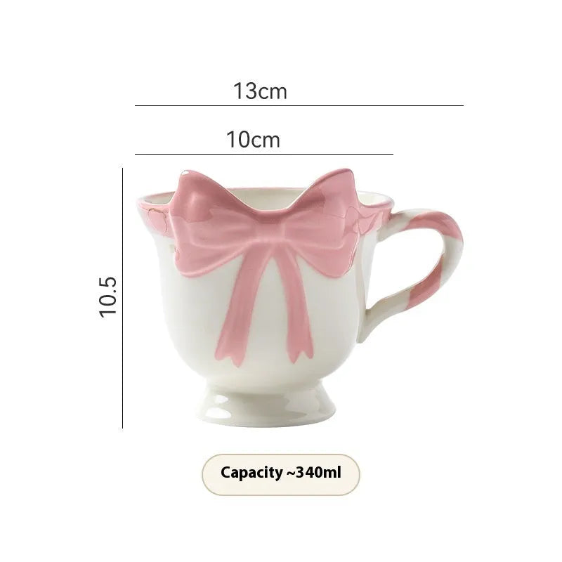 Ceramic heart bow mug in black pink or white powder colour with 340ml capacity