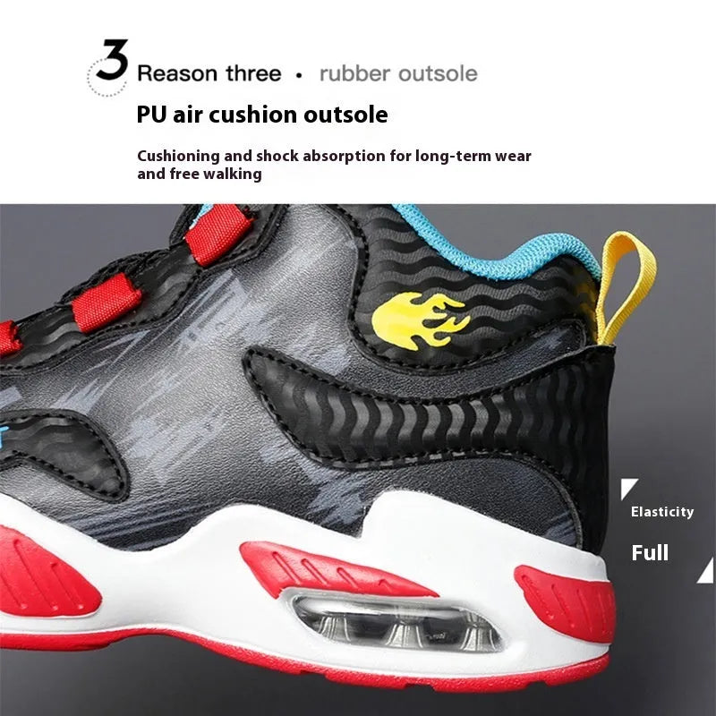 Children's black running shoes with a rotating button closure and cushion basketball design on a white background.