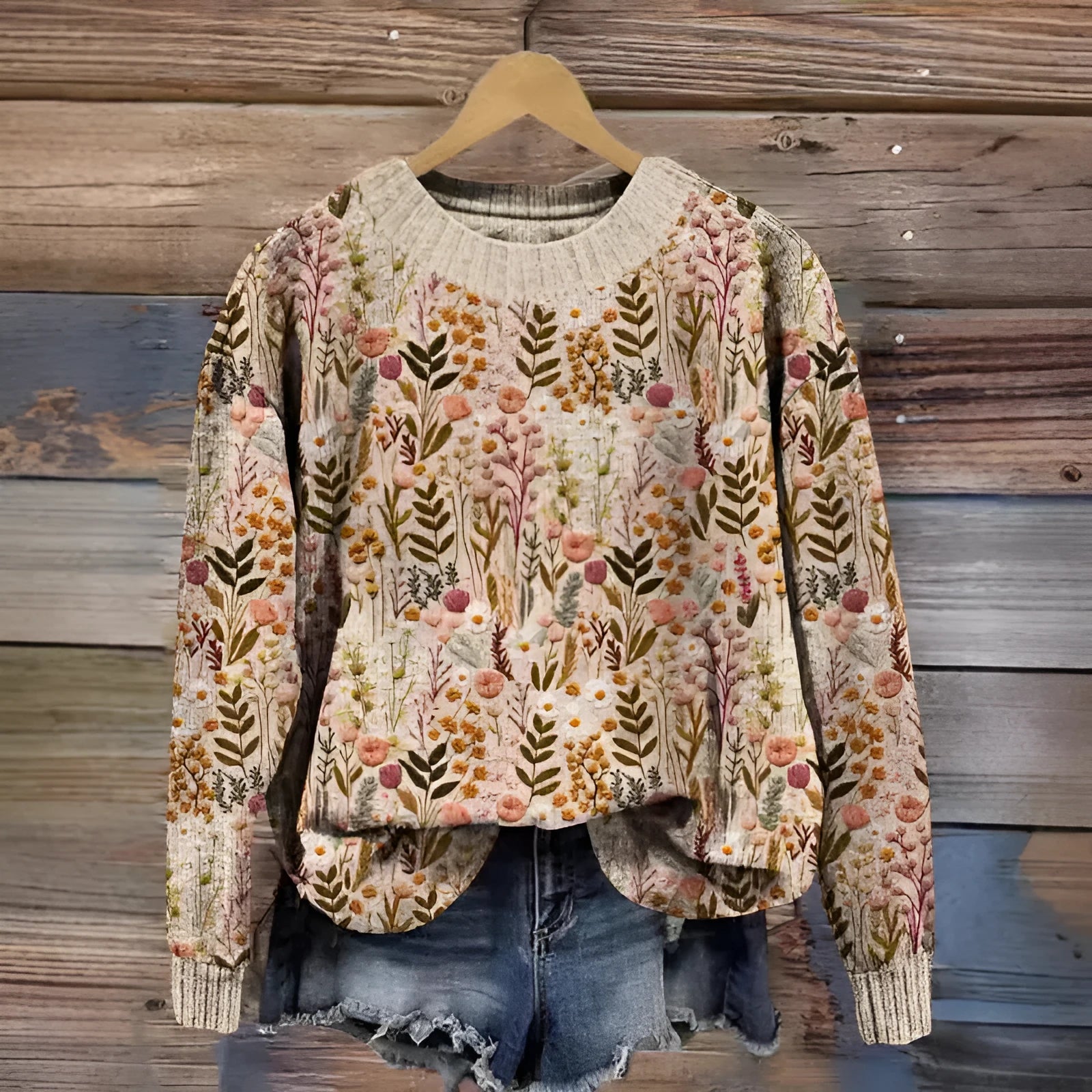 Women's little flower digital printed round neck long sleeve knitted sweater on a hanger.