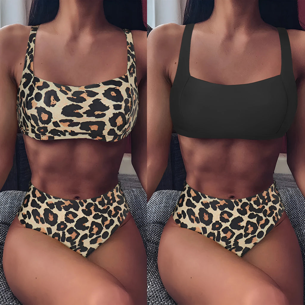 Women's high waist push-up bikini set with leopard print design showing bra and shorts separately