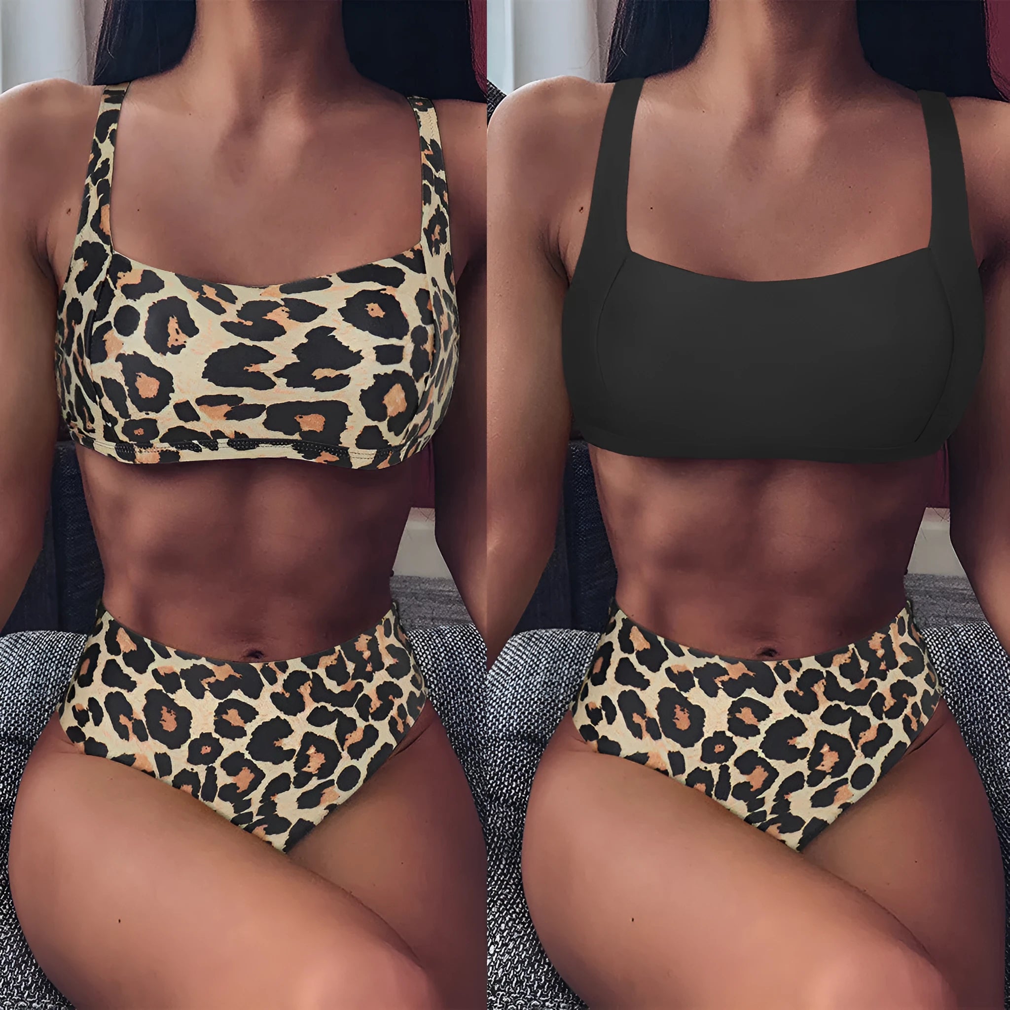 Women's high waist push-up bikini set with leopard print design showing bra and shorts separately