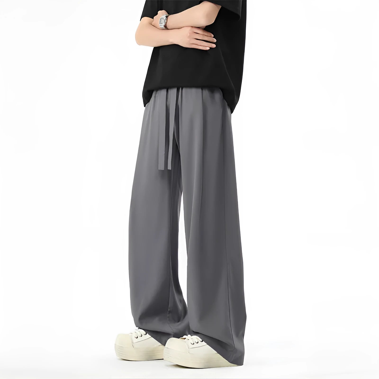 Men's quick-drying loose straight wide-leg casual trousers in black, polyester blend, drawstring waist
