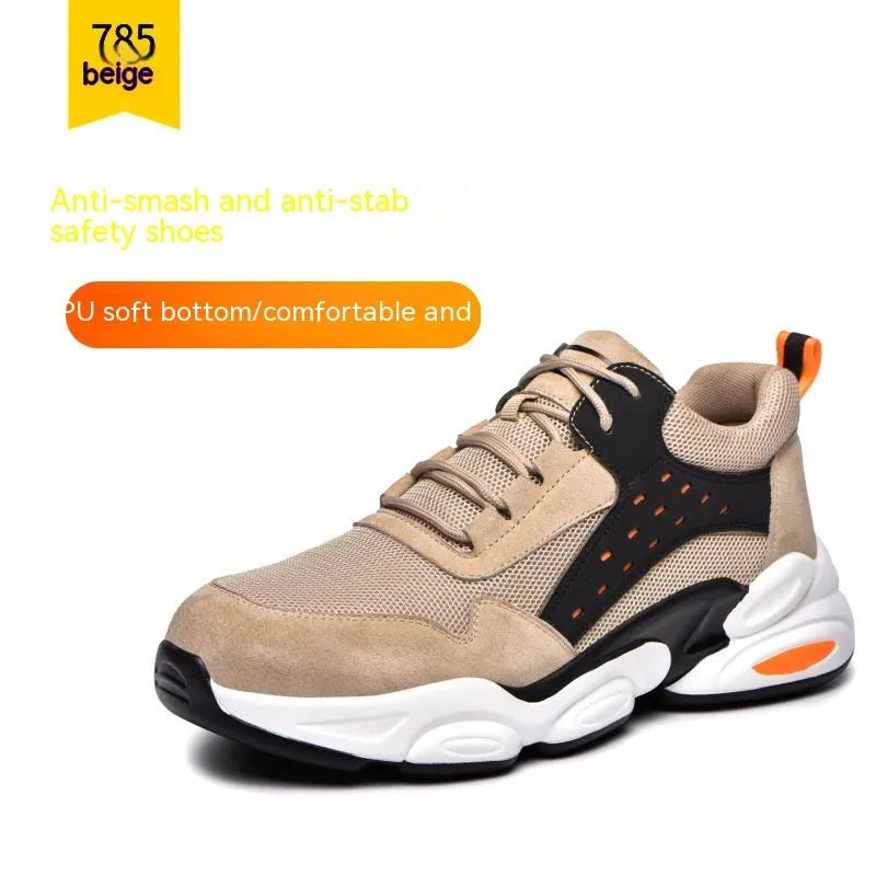 Mesh breathable labour insurance safety shoes with PU sole in black, grey, and beige colours