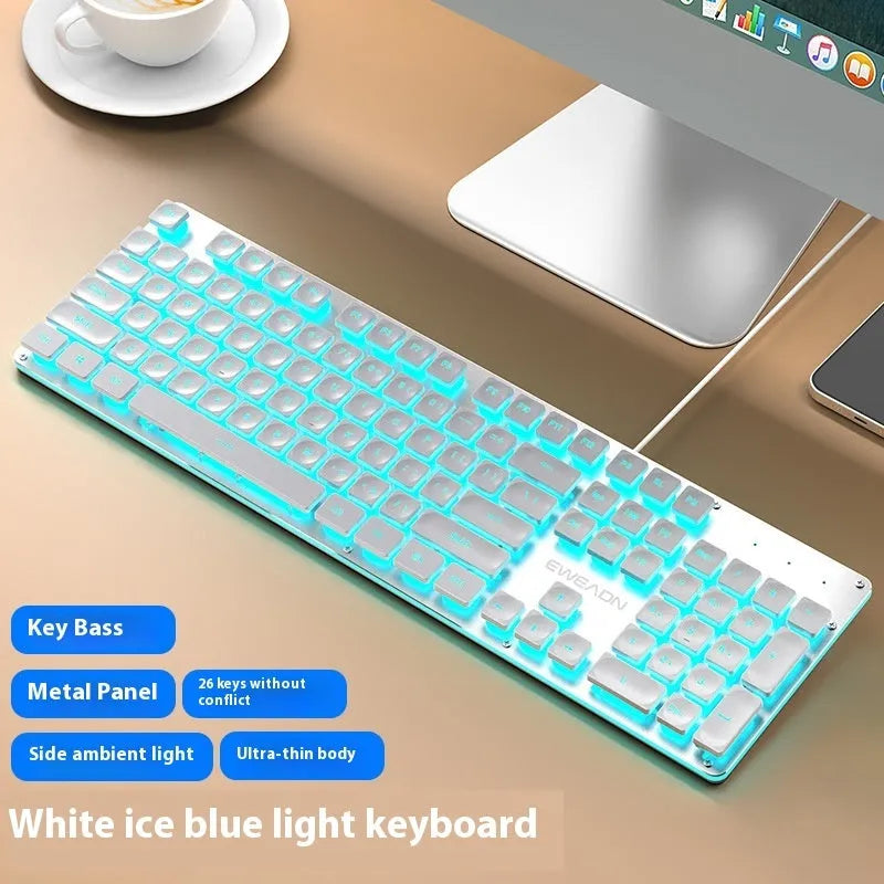 Button mute wired mechanical keyboard with USB cable in Metal Black blue backlight colour option.