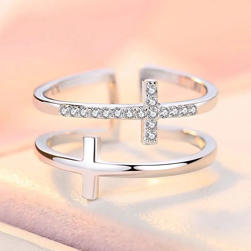 Women's miniature geometric copper ring with adjustable open design and inlaid zircon stones.