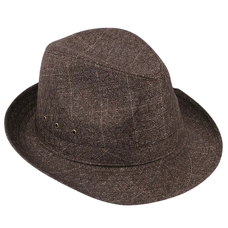 Classic brown fedora hat with structured crown and wide brim on a wooden stand