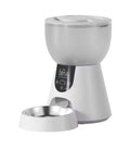 Automatic cat feeder with integrated camera, stainless steel food tray, and 4L storage hopper.