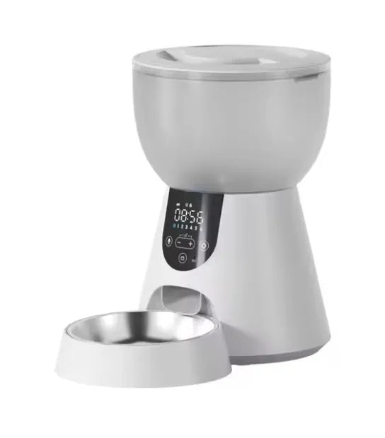 Automatic cat feeder with integrated camera, stainless steel food tray, and 4L storage hopper.