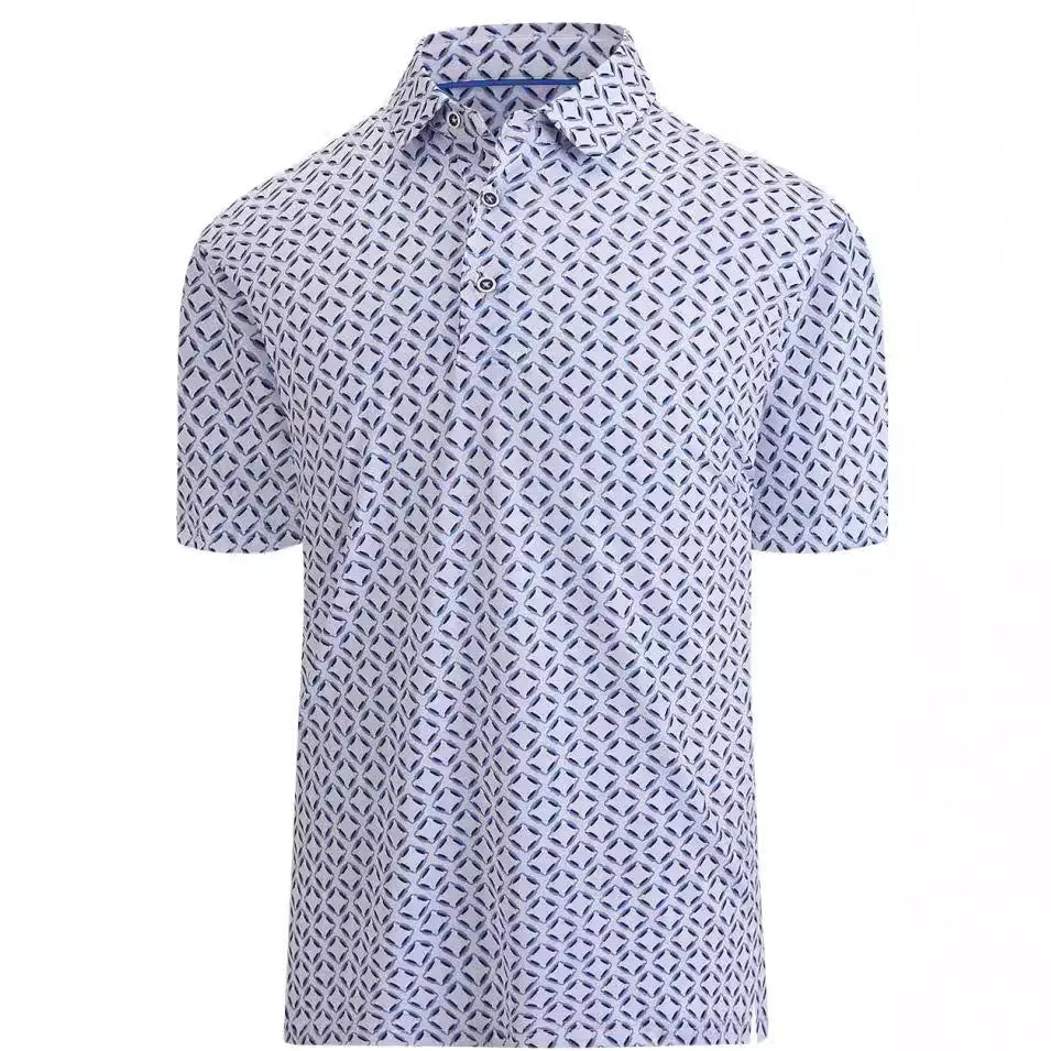 Men's short sleeve T-shirt with 3D printed patterns and zipper details on mesh fabric.