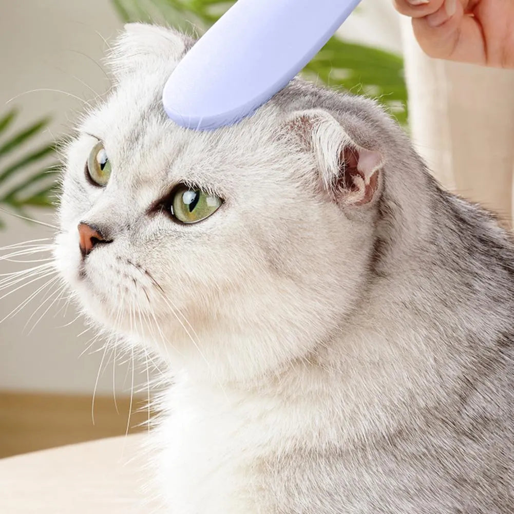 Grey cat grooming comb with tongue-shaped bristles and dual-width ends for gentle pet hair removal