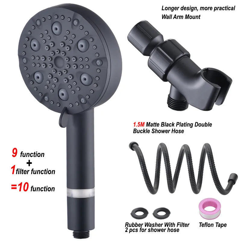 Dark matte hand-held shower head set with bracket and hose, five spray functions, ABS construction