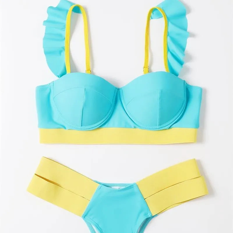 Women's contrast colour bikini swimsuit with steel bracket push-up board in nylon fabric