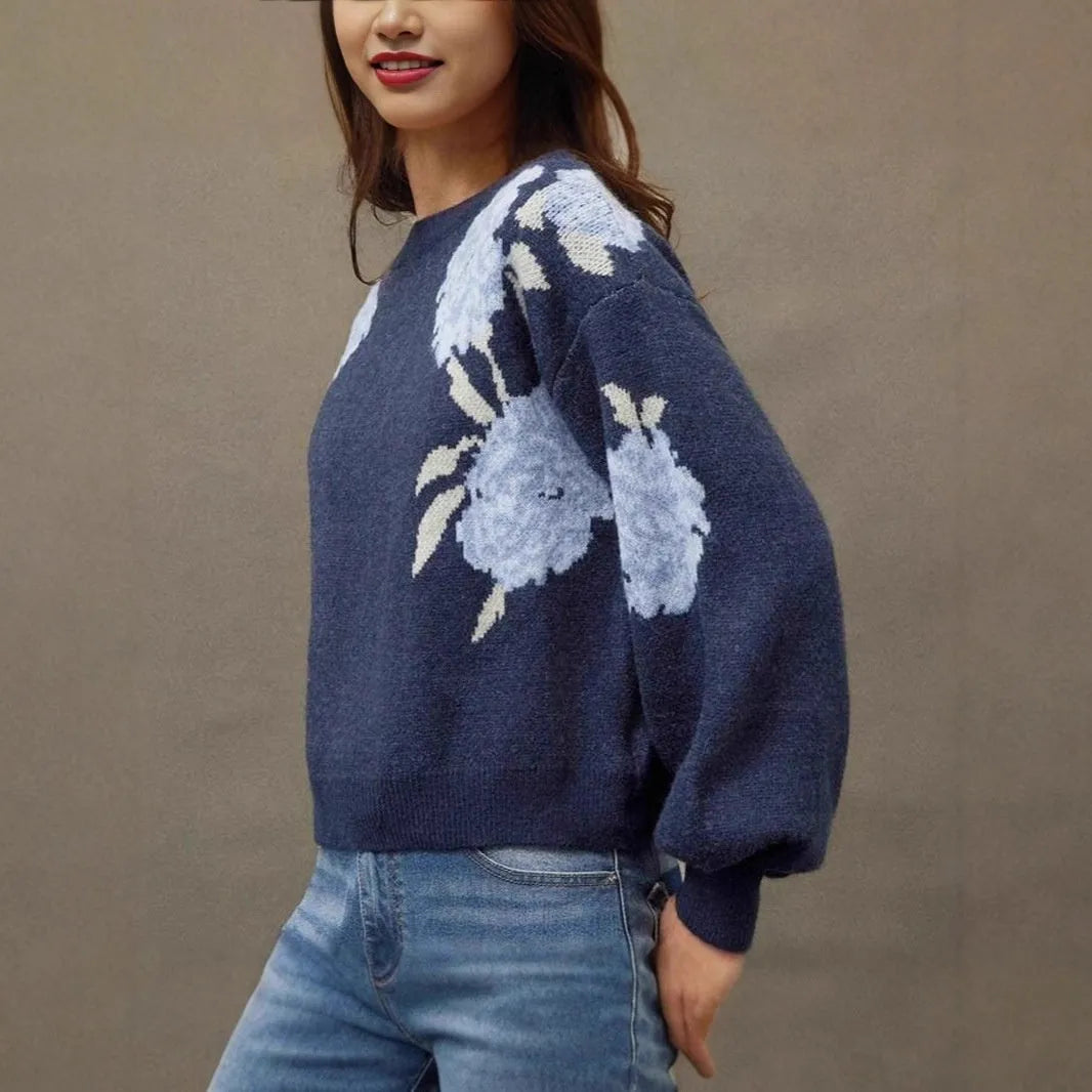 Women's sapphire blue off-neck pullover sweater with woven floral jacquard pattern