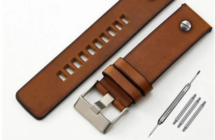 Retro brown genuine leather watch band in 22mm 24mm or 26mm with steel black rose or yellow gold buckle