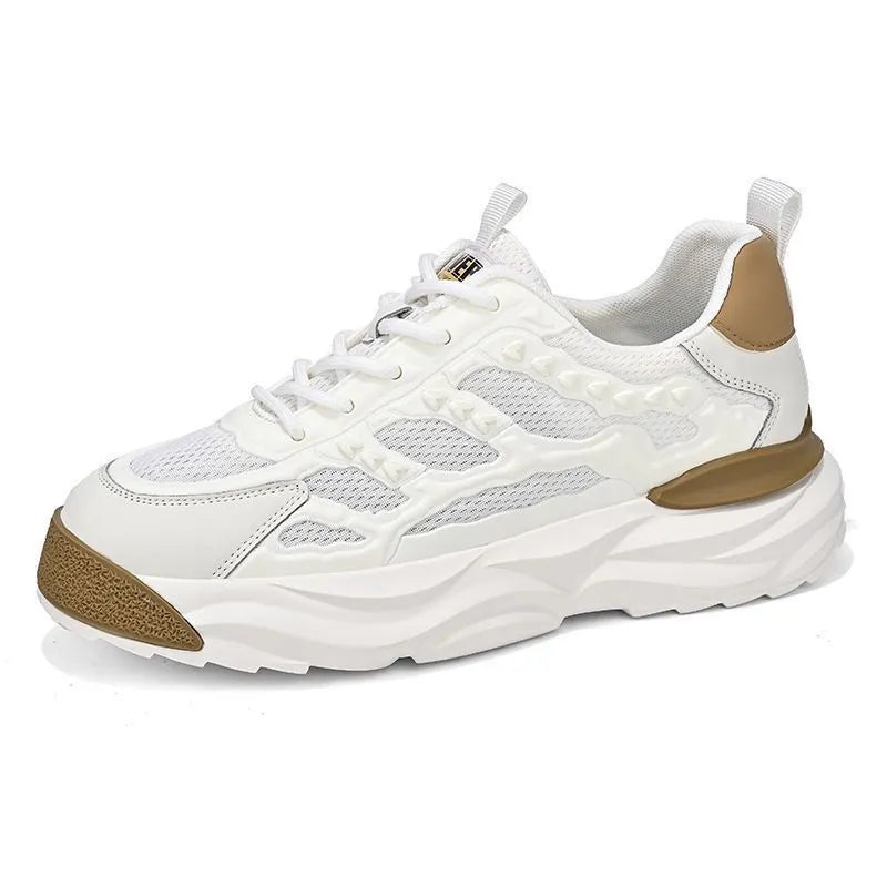Men's solid colour breathable mesh shoes with round toe, shown in S078 White and S078 Black.