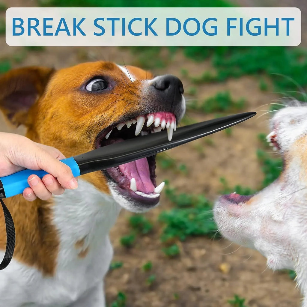 Blue handled nylon dog break stick for training, shown next to a measuring tape indicating 35 cm length.