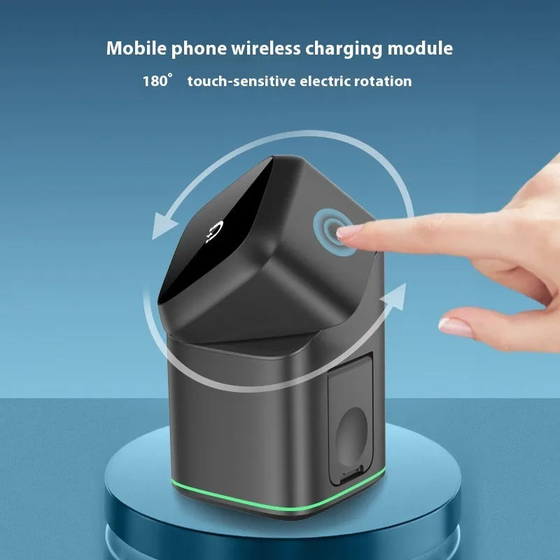 Black rotating magnetic wireless charging stand for mobile phones showing adjustable angle