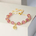 Women's strawberry quartz crystal bracelet with geometric shape and silver fu character design