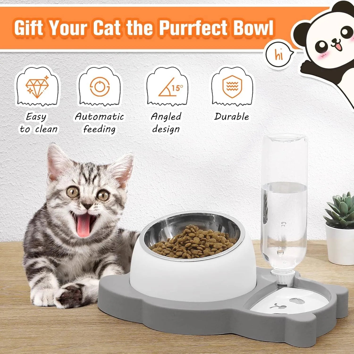 Grey panda-shaped tilted pet bowl set with stainless steel food bowl and automatic water dispenser bottle