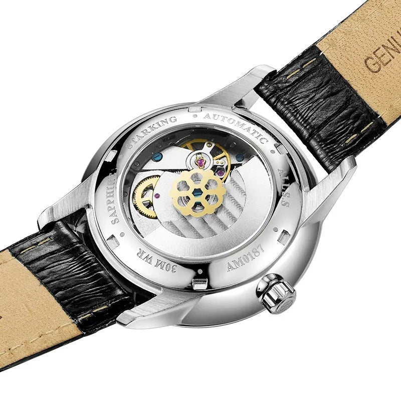 Starking Star Watch automatic men's mechanical watch with light brown leather strap on wrist