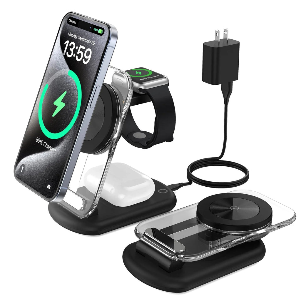 Transparent folding magnetic three-in-one wireless charger in black on a white surface.